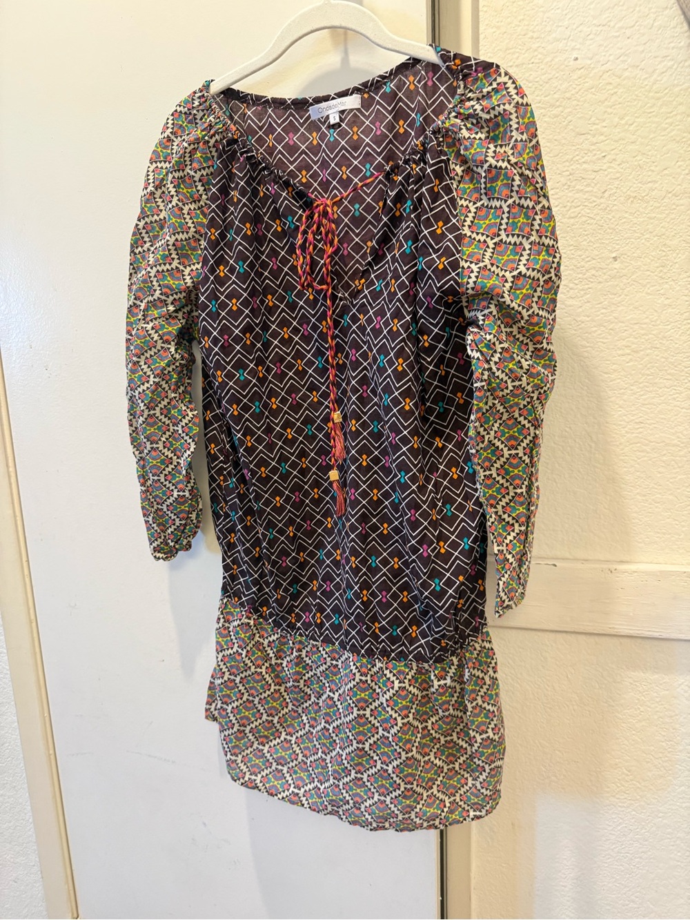 OndadeMar  Black Multi-Color Printed Long Sleeve coverup small